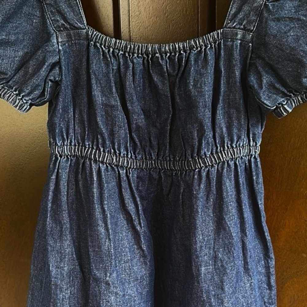 EUC J. Crew Linen Blend Denim Square Neck Puff Sleeve Dress Size 00 - Picture 6 of 9